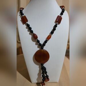 Natural Carnelian and Black onyx Beaded 28 In Necklace